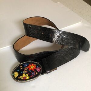 Black leather beaded buckle boho belt